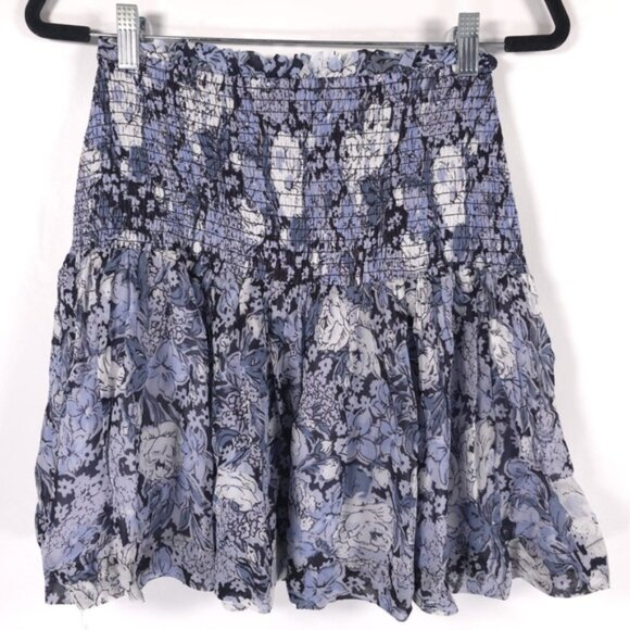 GANNI Blue Floral Georgette Smocked Pull on Lined Mini Skirt Size 34 SMALL‎ - Picture 5 of 13